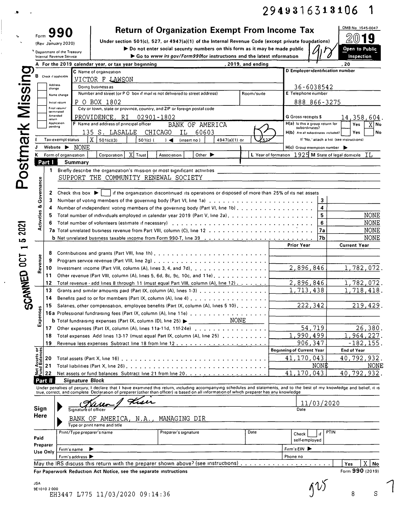 Image of first page of 2019 Form 990 for Victor F Lawson
