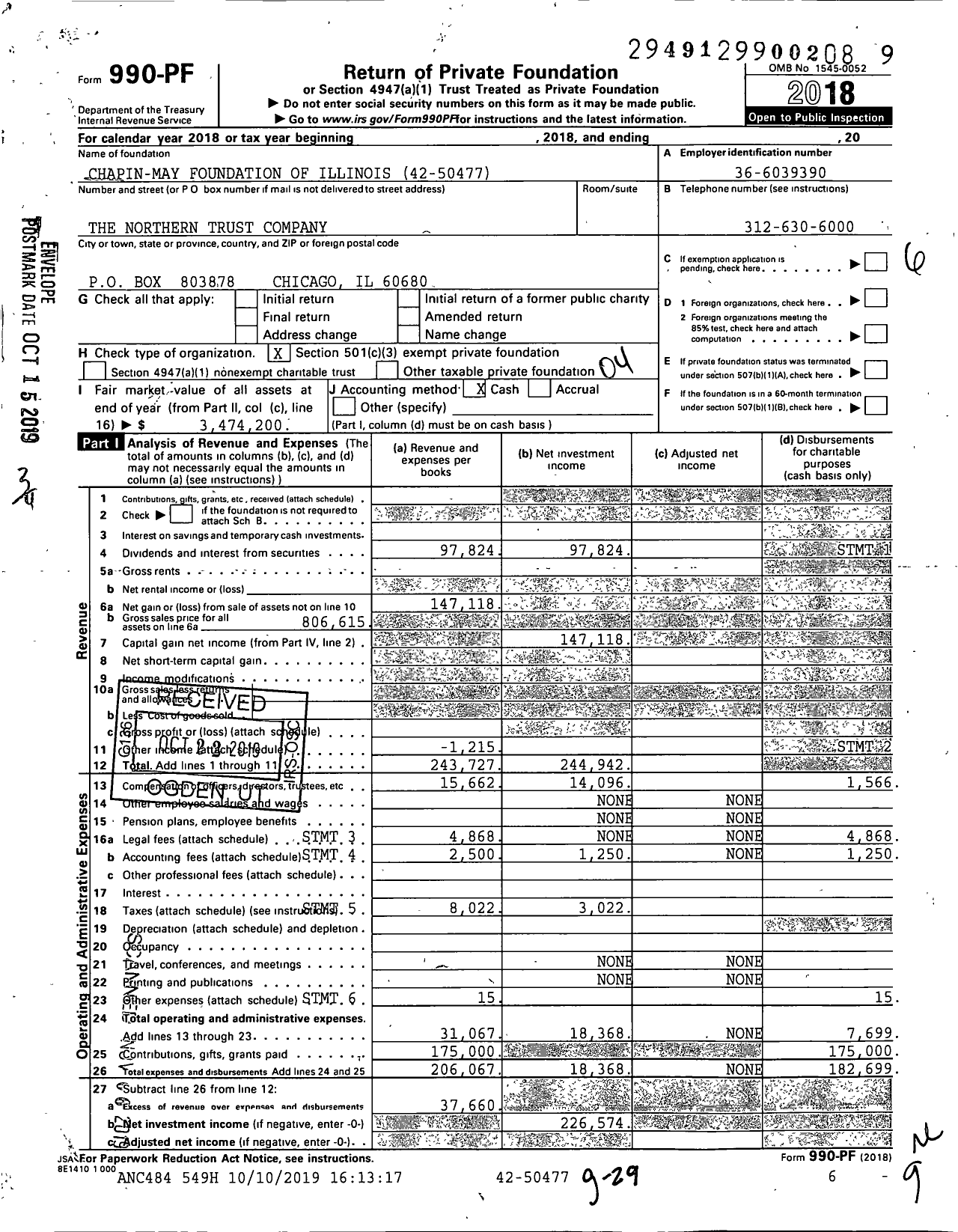 Image of first page of 2018 Form 990PF for Chapin-May Foundation of Illinois