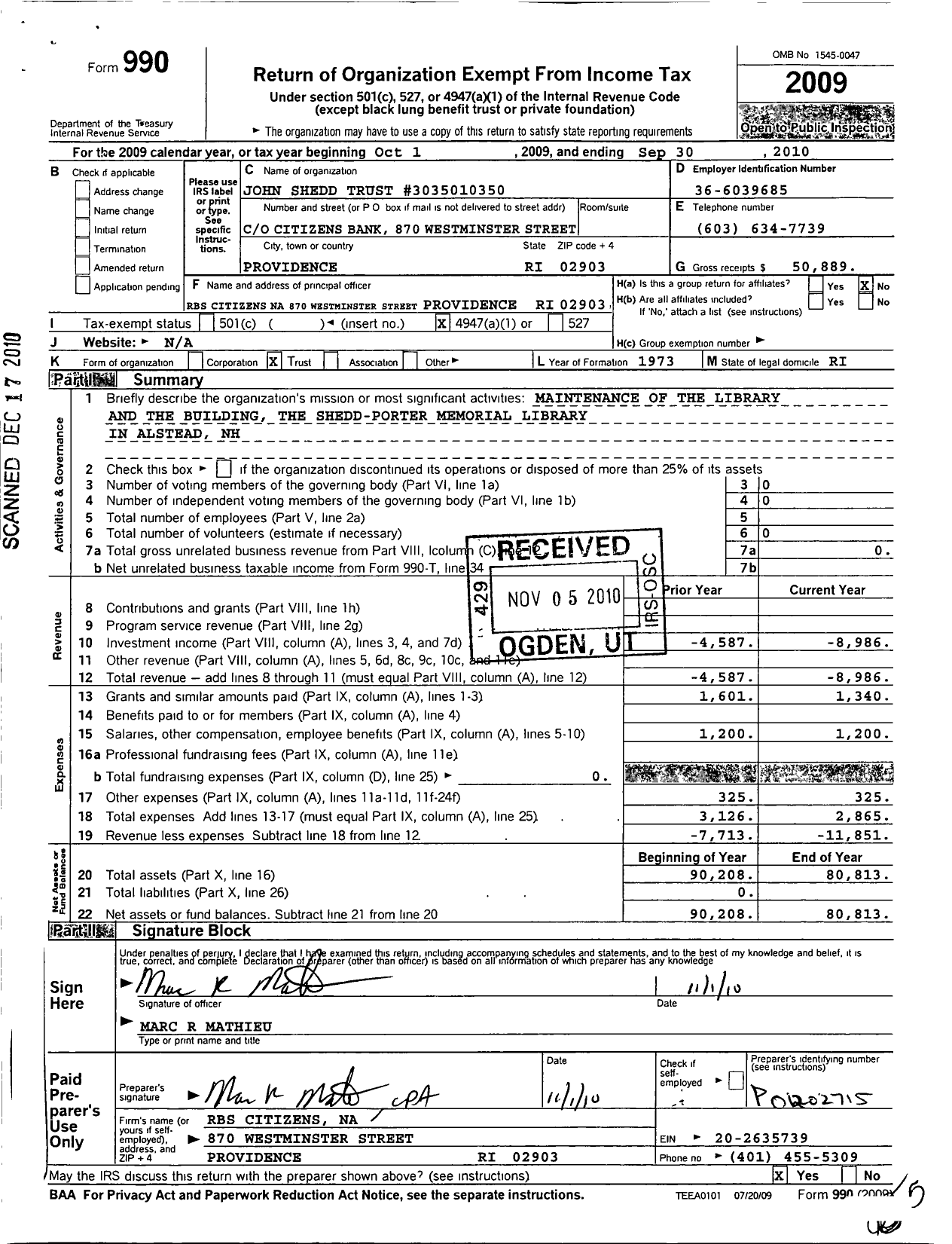 Image of first page of 2009 Form 990O for John Shedd Trust