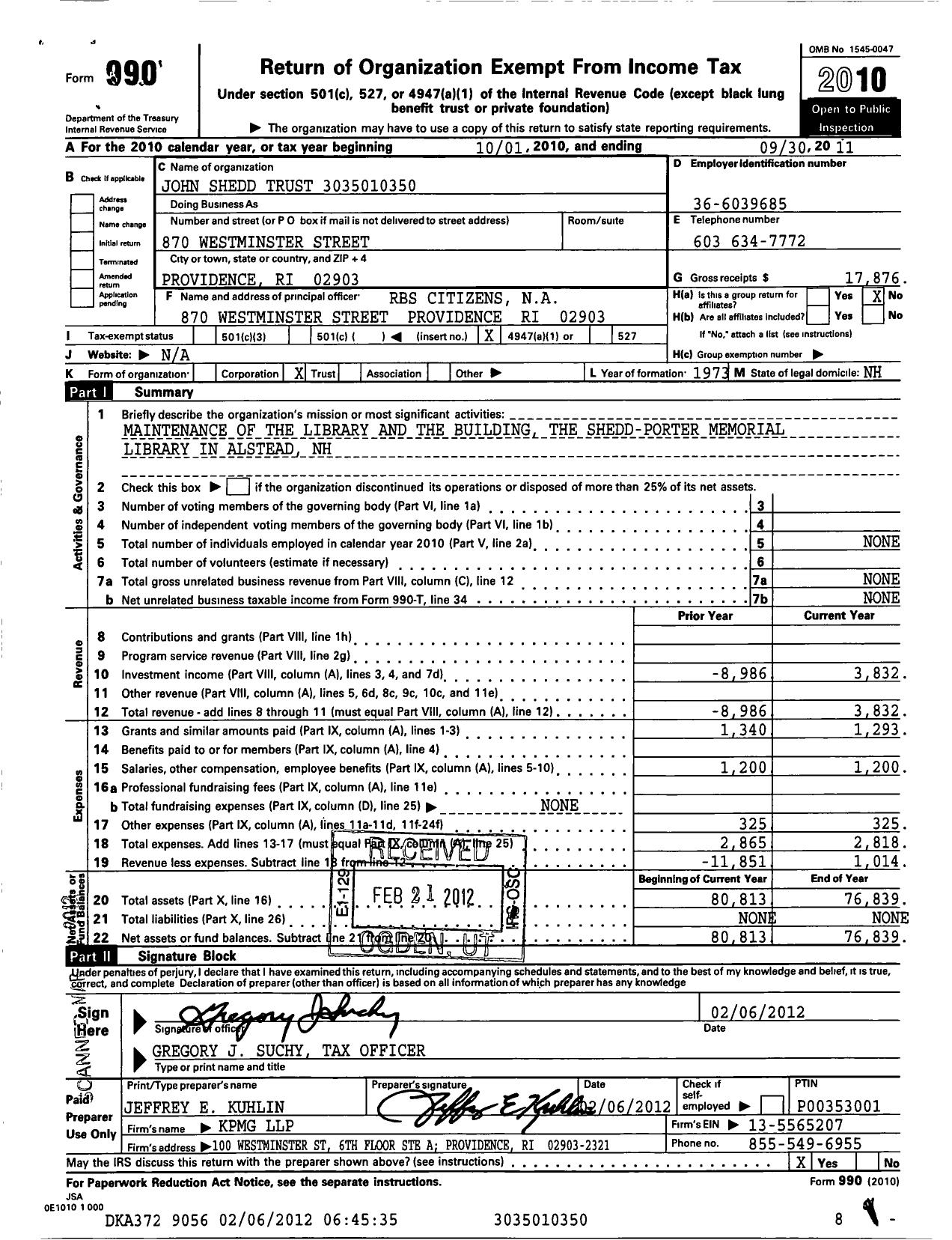 Image of first page of 2010 Form 990O for John Shedd Trust