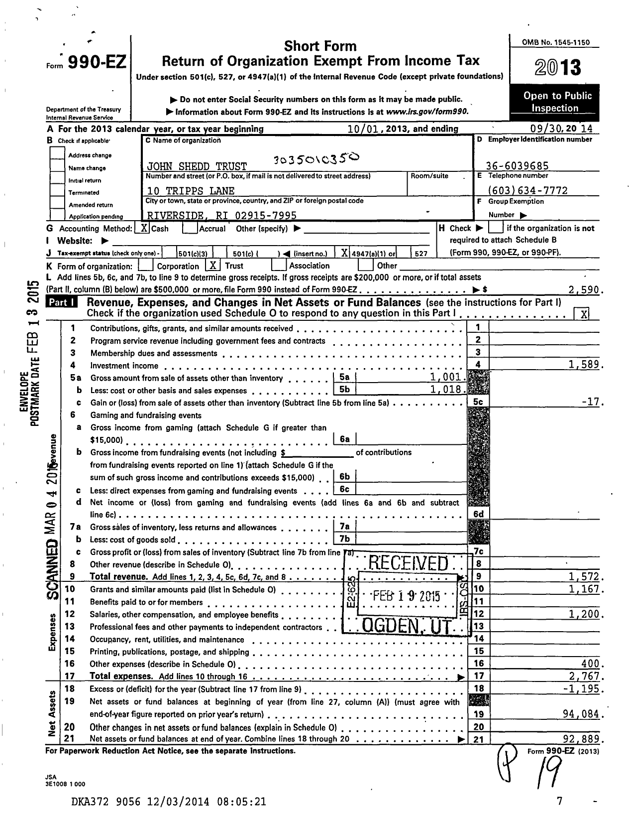 Image of first page of 2013 Form 990EO for John Shedd Trust