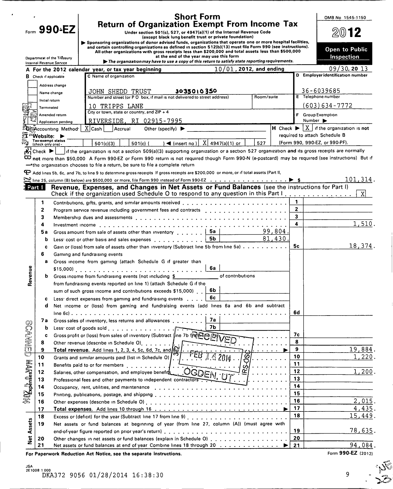 Image of first page of 2012 Form 990EO for John Shedd Trust