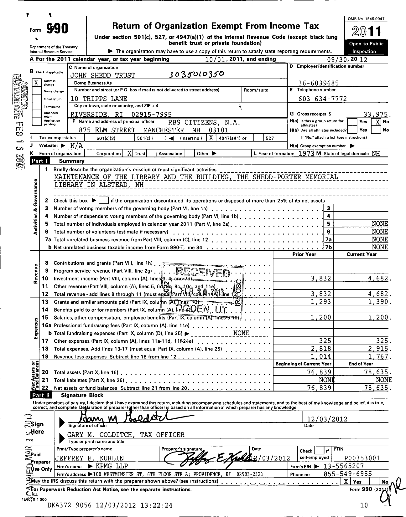 Image of first page of 2011 Form 990O for John Shedd Trust