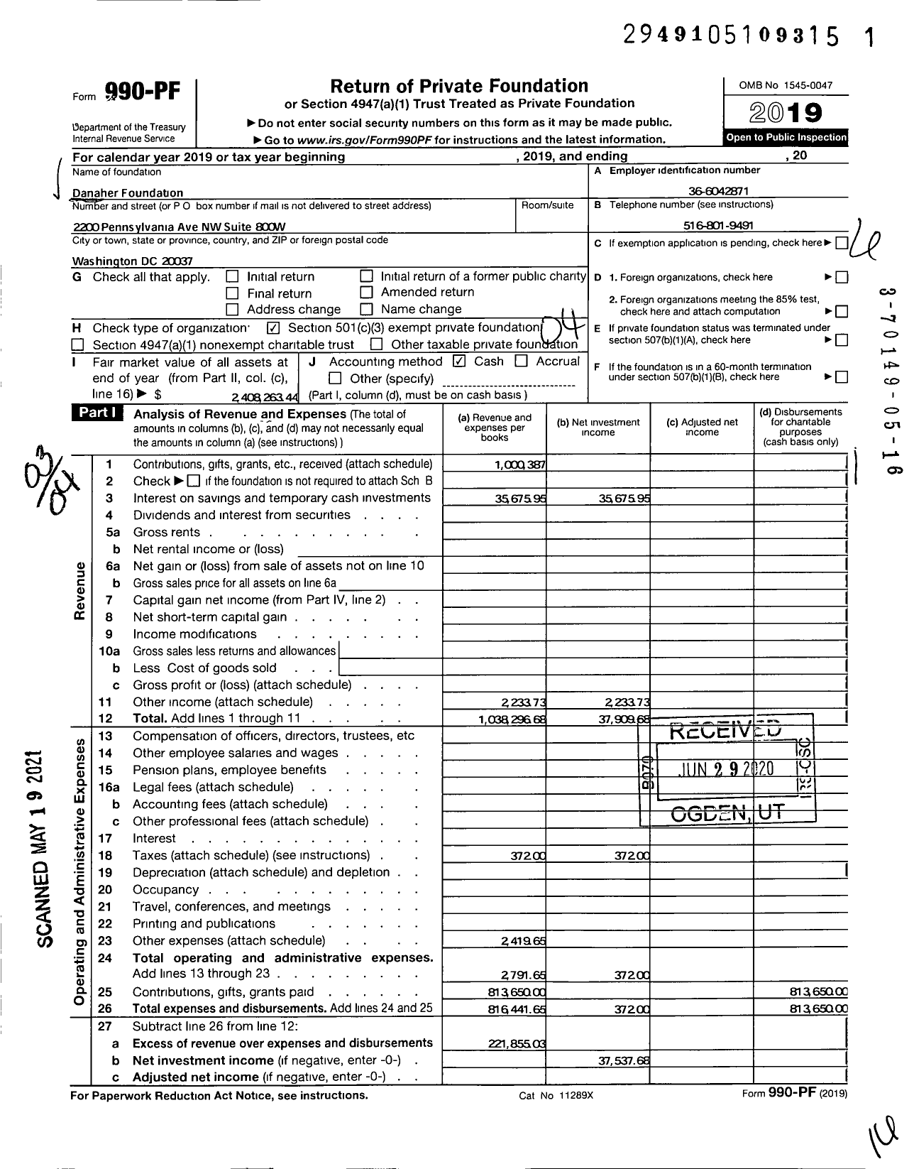 Image of first page of 2019 Form 990PF for Danaher Foundation