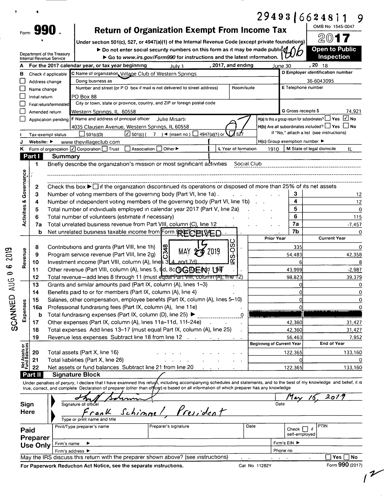 Image of first page of 2017 Form 990O for Village Club of Western Springs