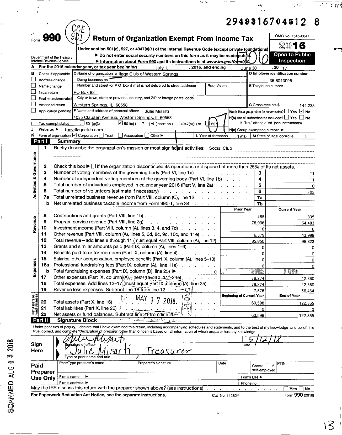 Image of first page of 2016 Form 990O for Village Club of Western Springs