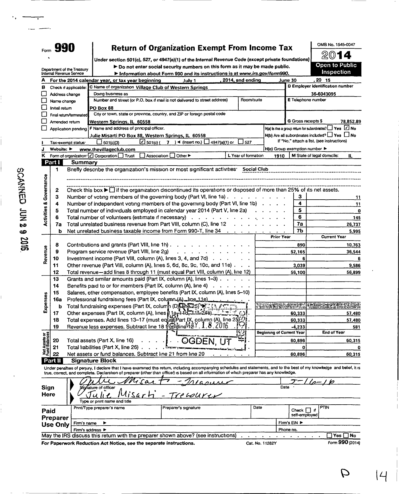 Image of first page of 2014 Form 990O for Village Club of Western Springs