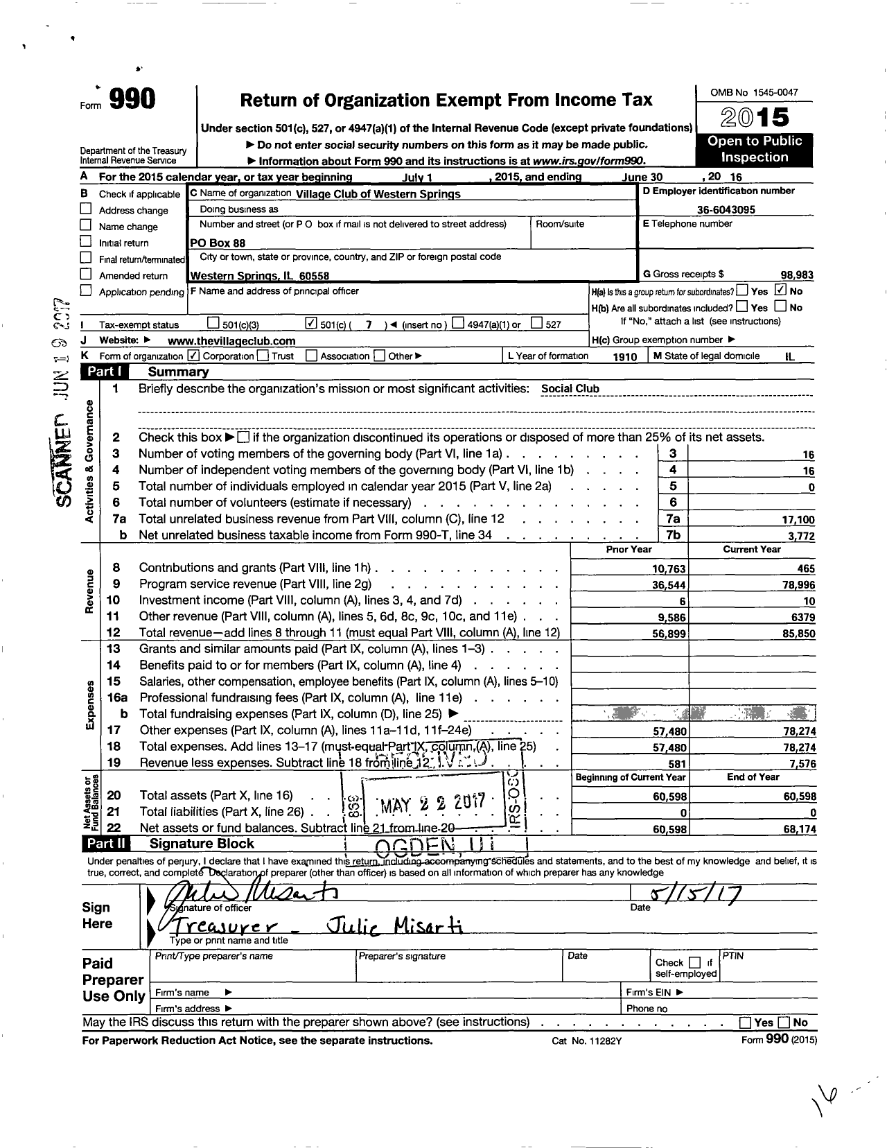 Image of first page of 2015 Form 990O for Village Club of Western Springs