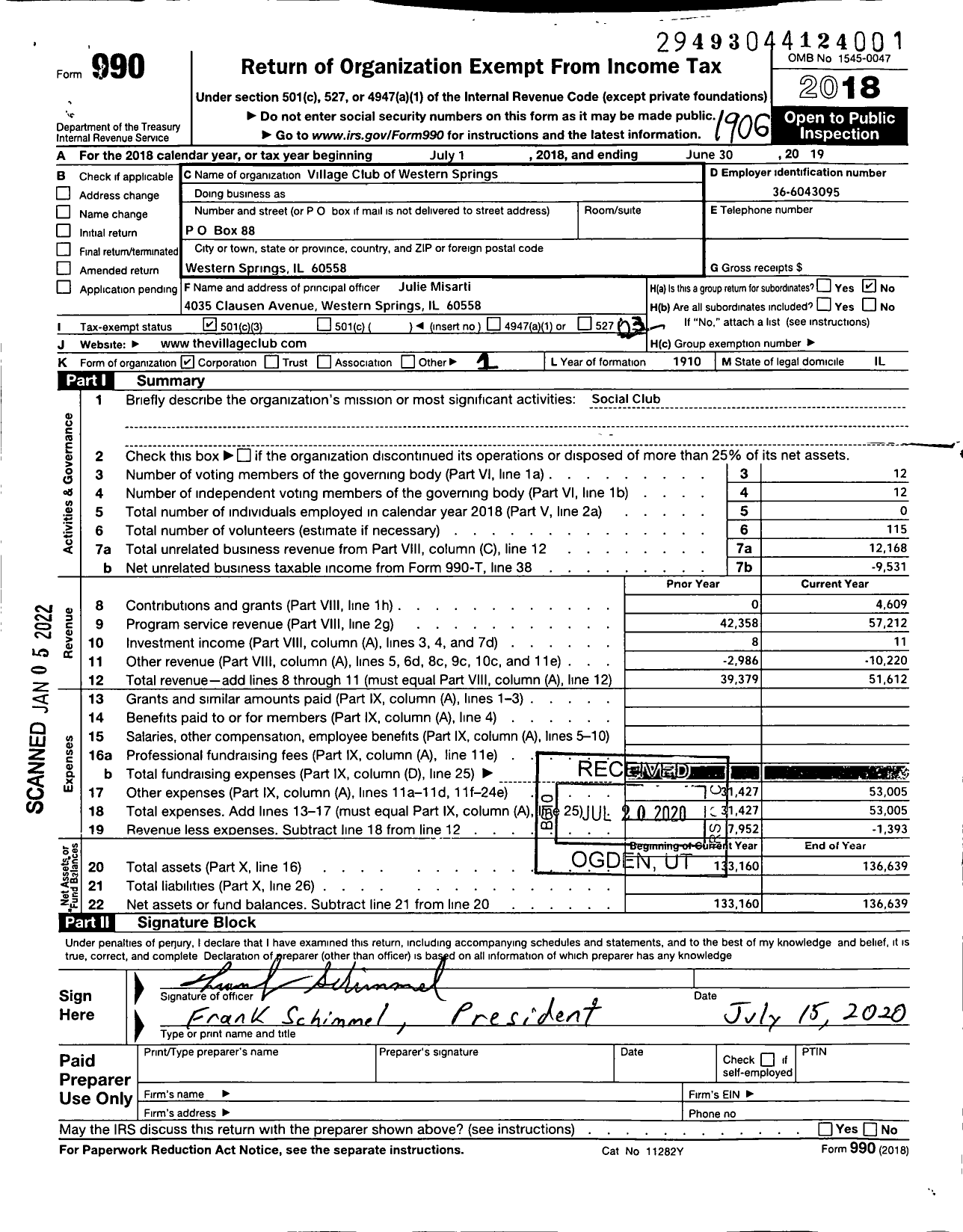 Image of first page of 2018 Form 990 for Village Club of Western Springs