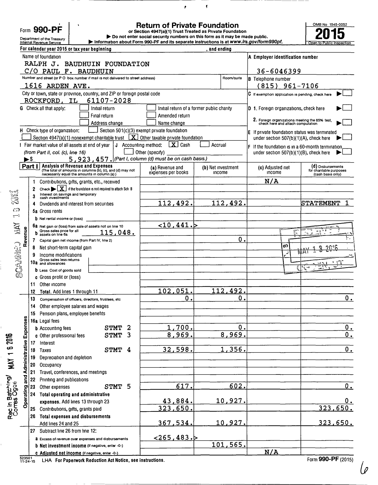 Image of first page of 2015 Form 990PF for Ralph J Baudhuin Foundation