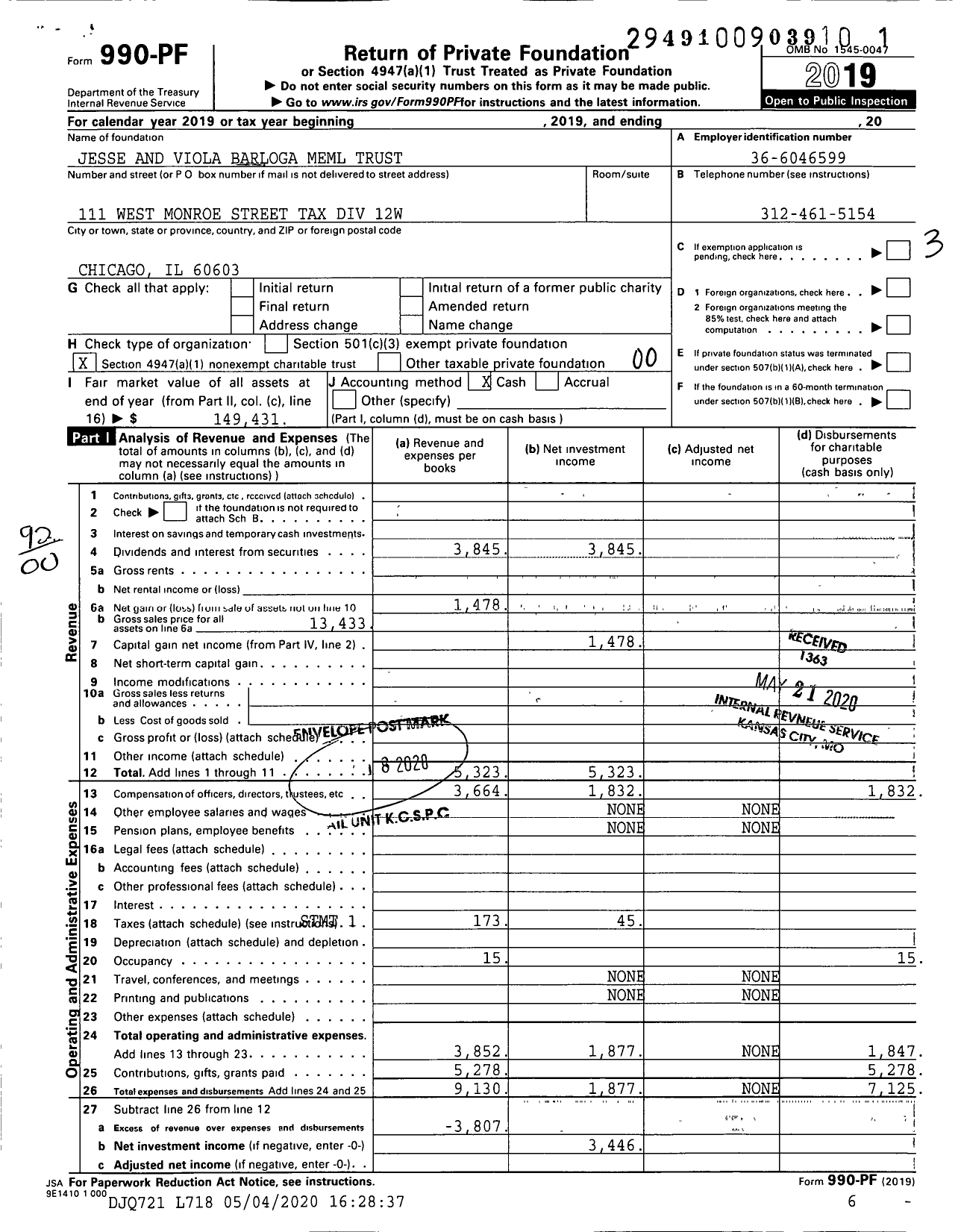 Image of first page of 2019 Form 990PF for Jesse and Viola Barloga Meml Trust