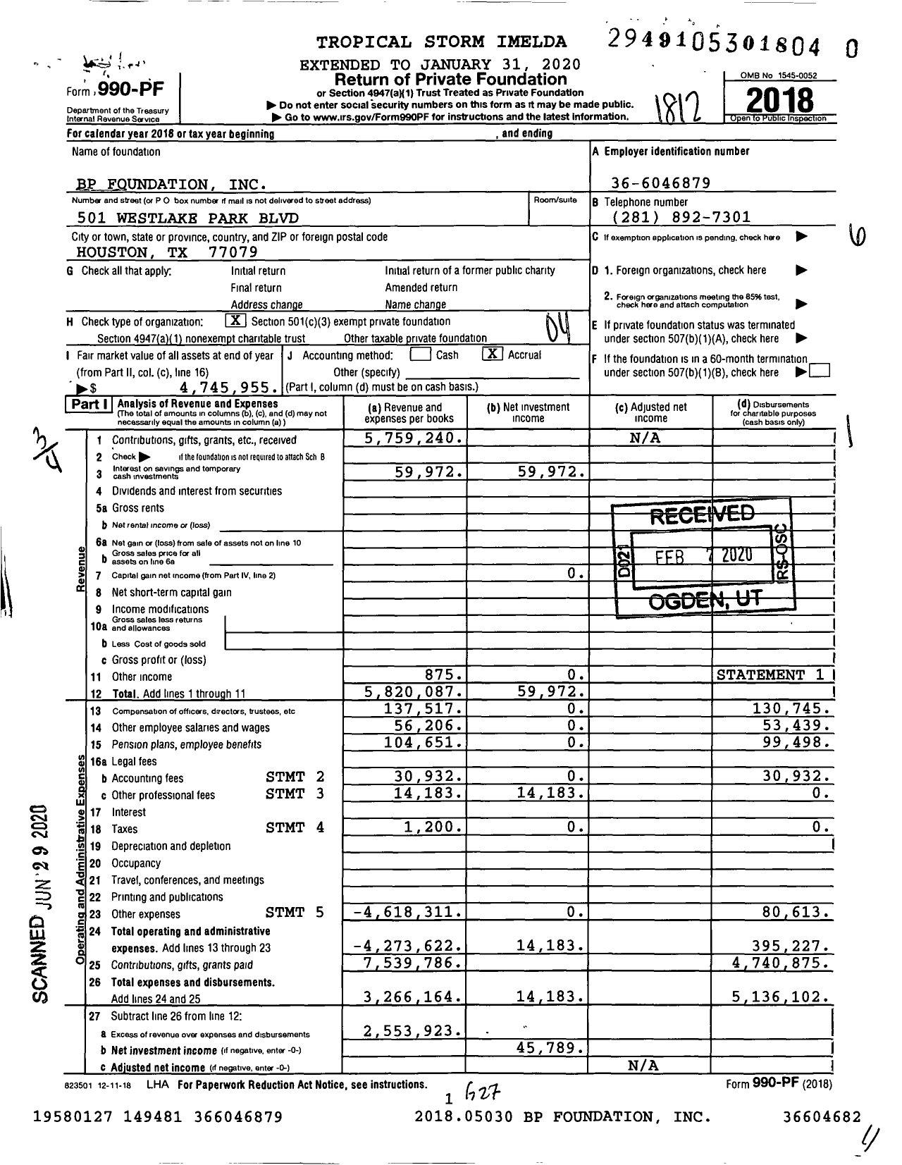Image of first page of 2018 Form 990PR for BP Foundation