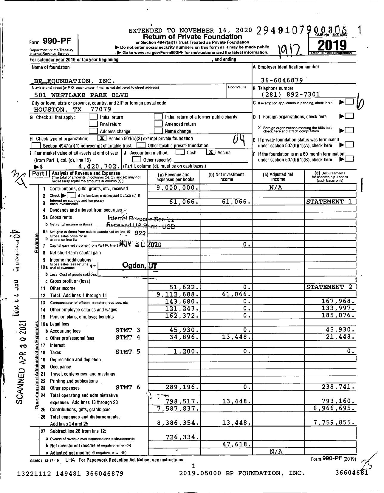 Image of first page of 2019 Form 990PF for BP Foundation