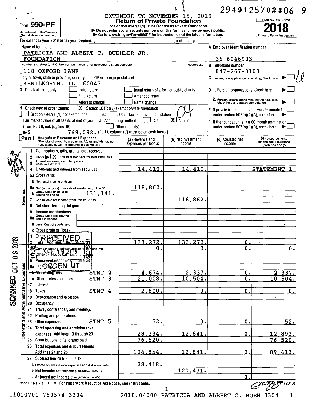 Image of first page of 2018 Form 990PF for Patricia and Albert C Buehler JR Foundation