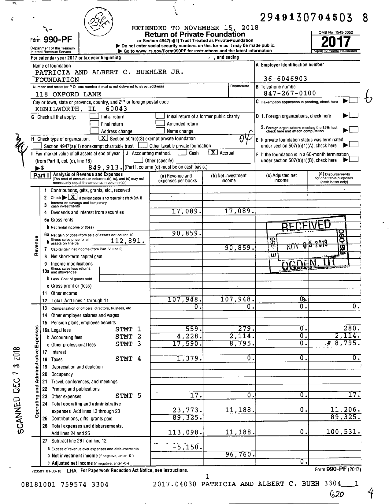 Image of first page of 2017 Form 990PF for Patricia and Albert C Buehler JR Foundation