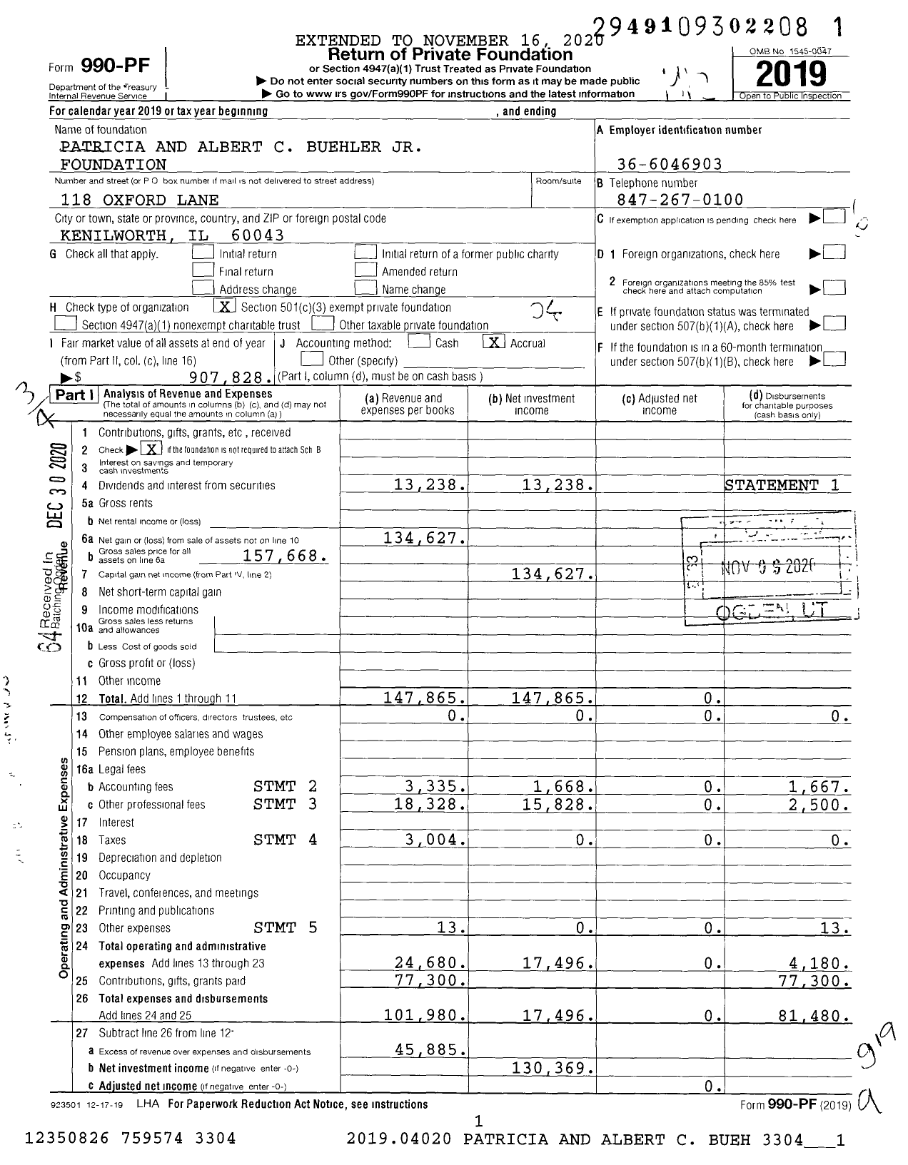Image of first page of 2019 Form 990PF for Patricia and Albert C Buehler JR Foundation