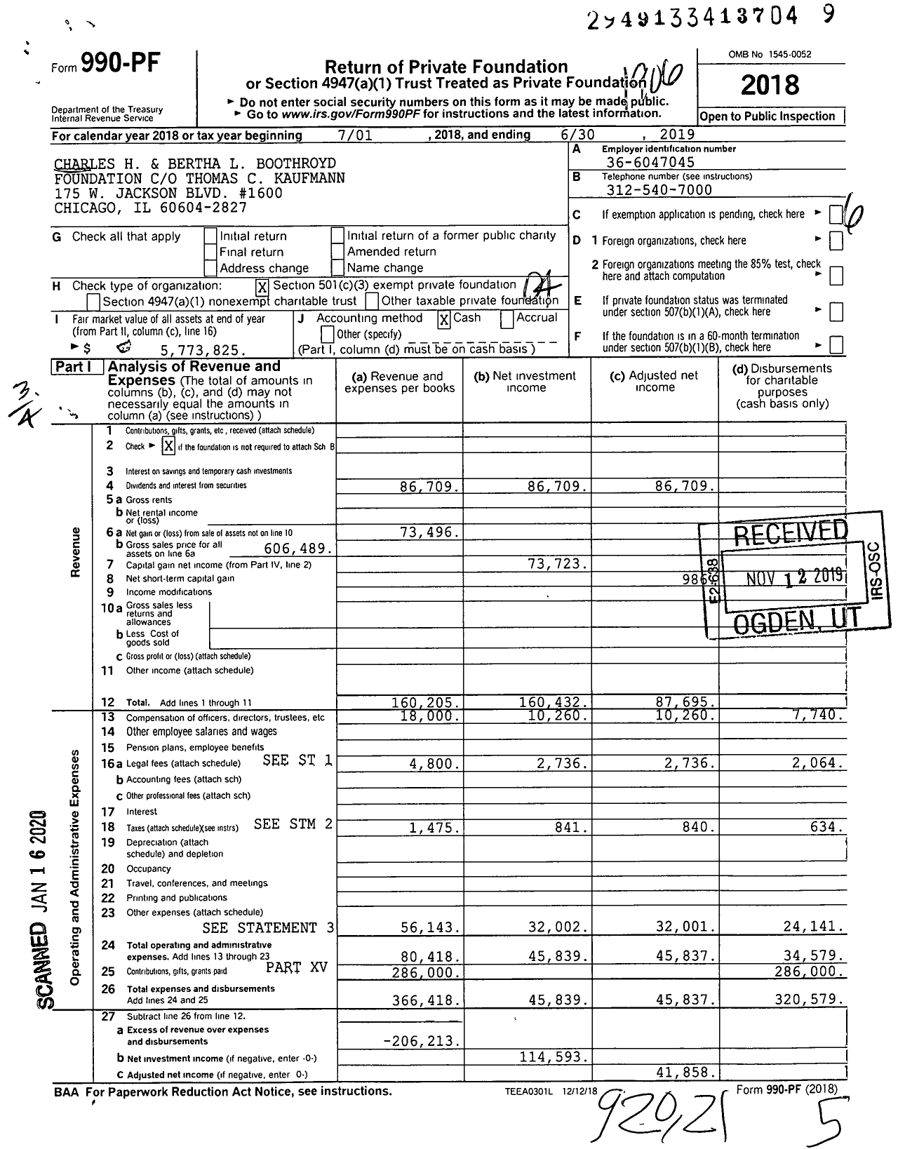 Image of first page of 2018 Form 990PF for Charles H and Bertha L Boothroyd Foundation Thomas C Kaufmann