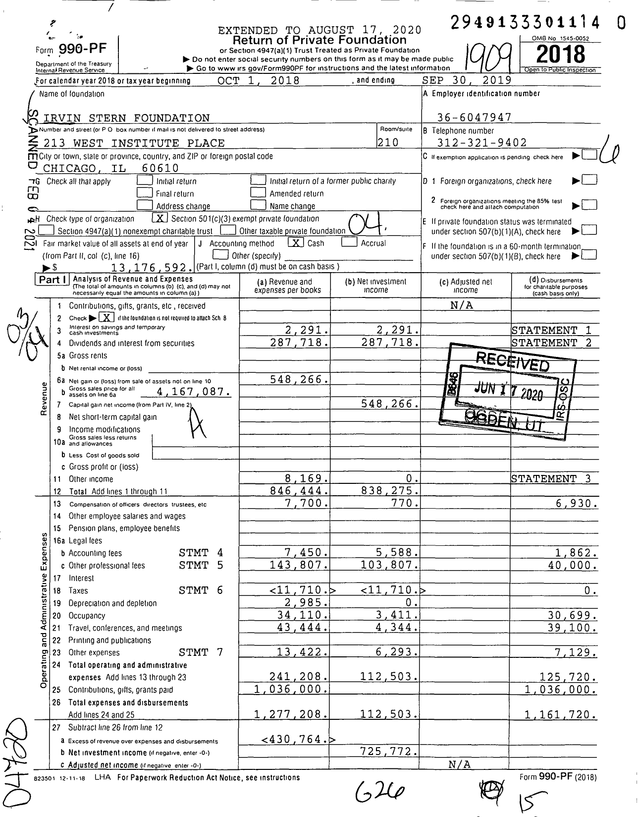 Image of first page of 2018 Form 990PF for Irvin Stern Foundation