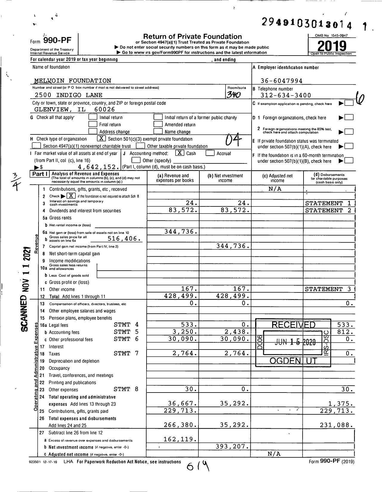 Image of first page of 2019 Form 990PF for Melvoin Foundation