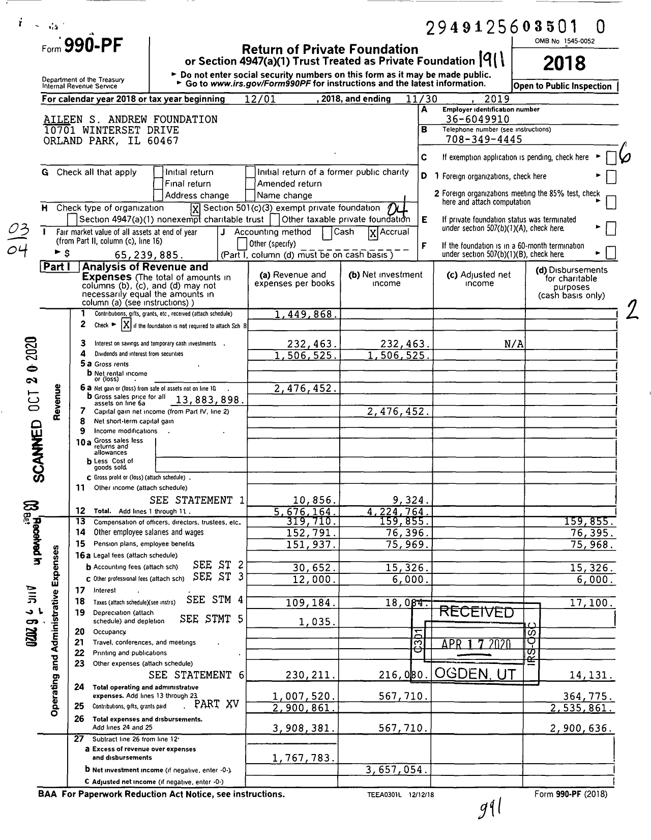 Image of first page of 2018 Form 990PR for Aileen S Andrew Foundation