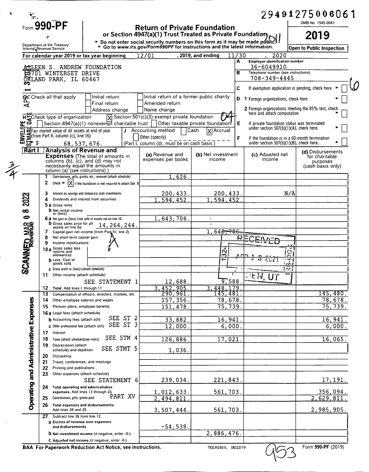 Image of first page of 2019 Form 990PF for Aileen S Andrew Foundation