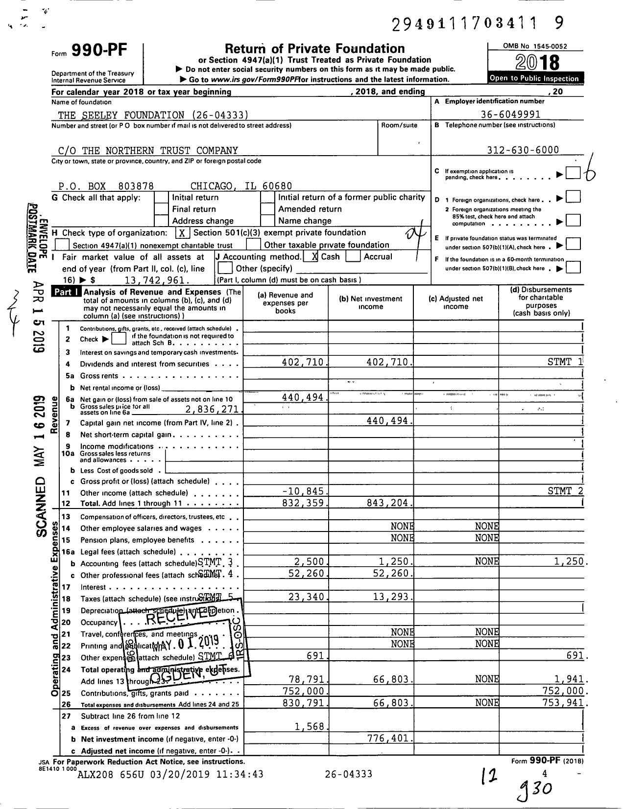 Image of first page of 2018 Form 990PF for The Seeley Foundation