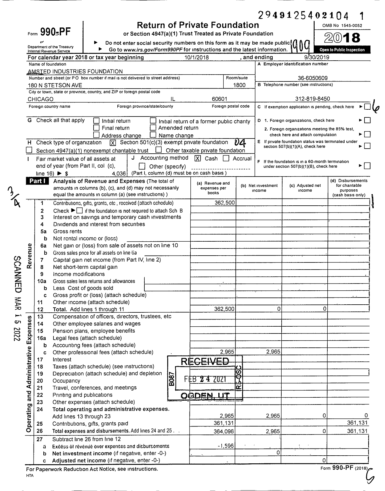 Image of first page of 2018 Form 990PF for Amsted Industries Foundation