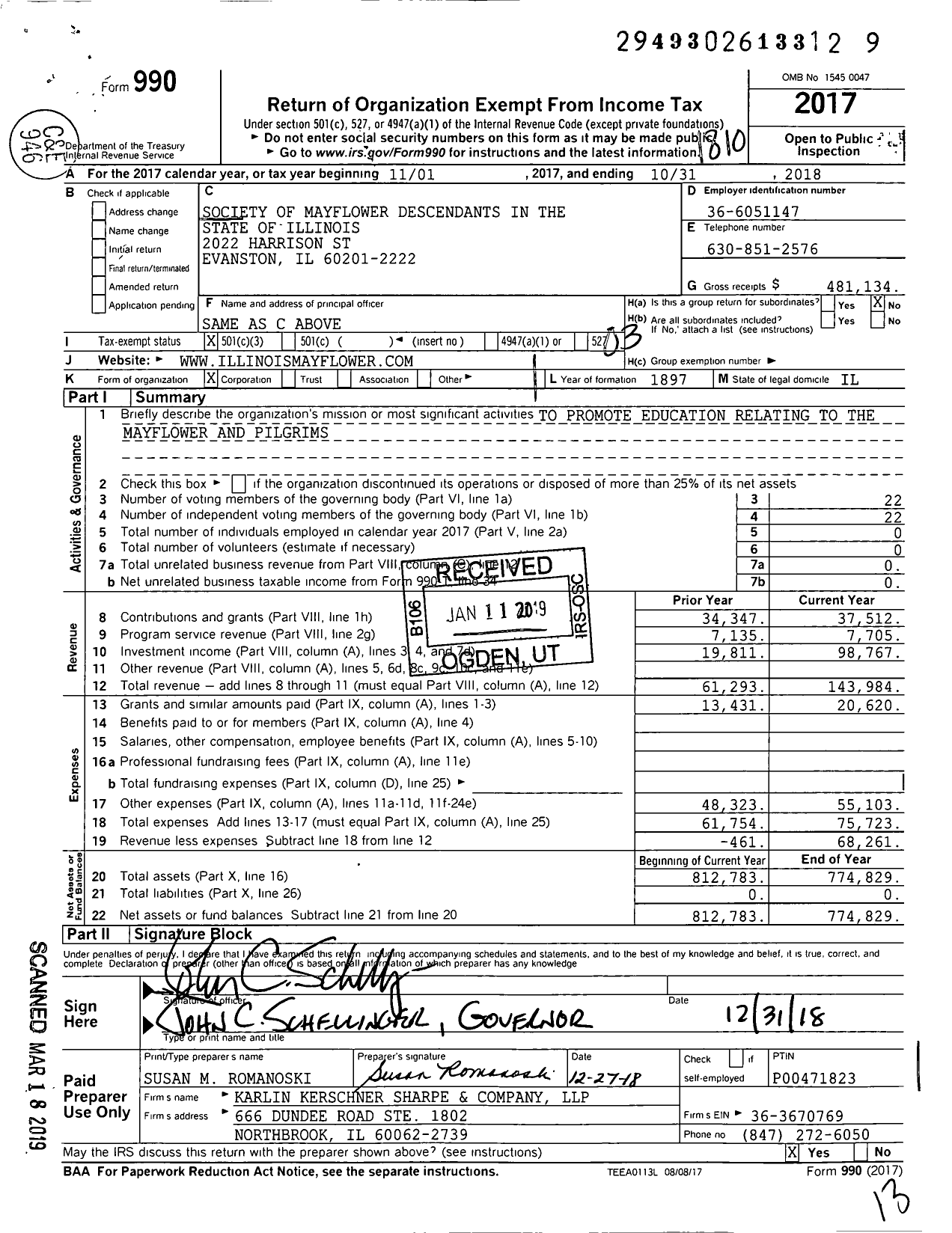 Image of first page of 2017 Form 990 for Society of Mayflower Descendants in the State of Illinois