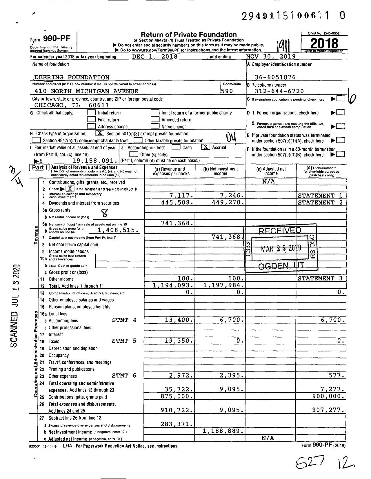 Image of first page of 2018 Form 990PR for Deering Foundation