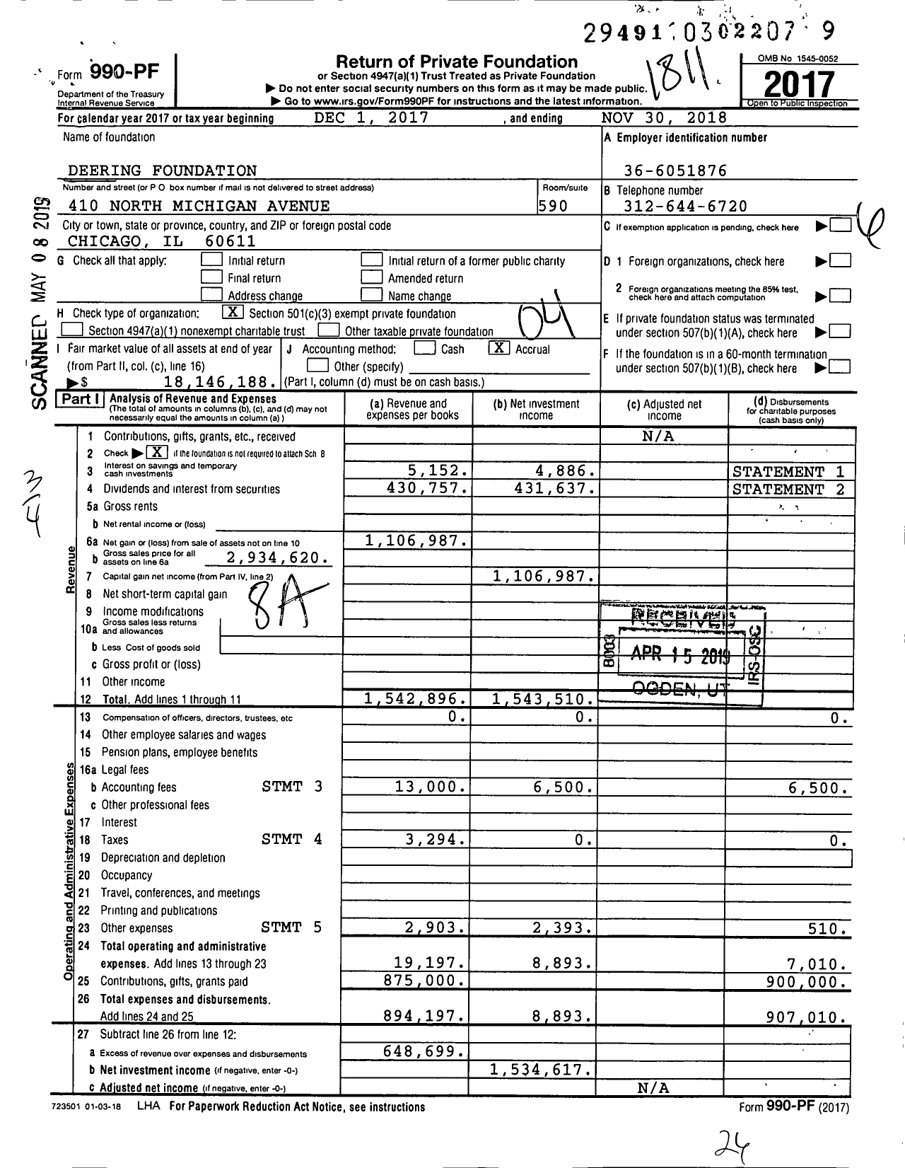 Image of first page of 2017 Form 990PF for Deering Foundation