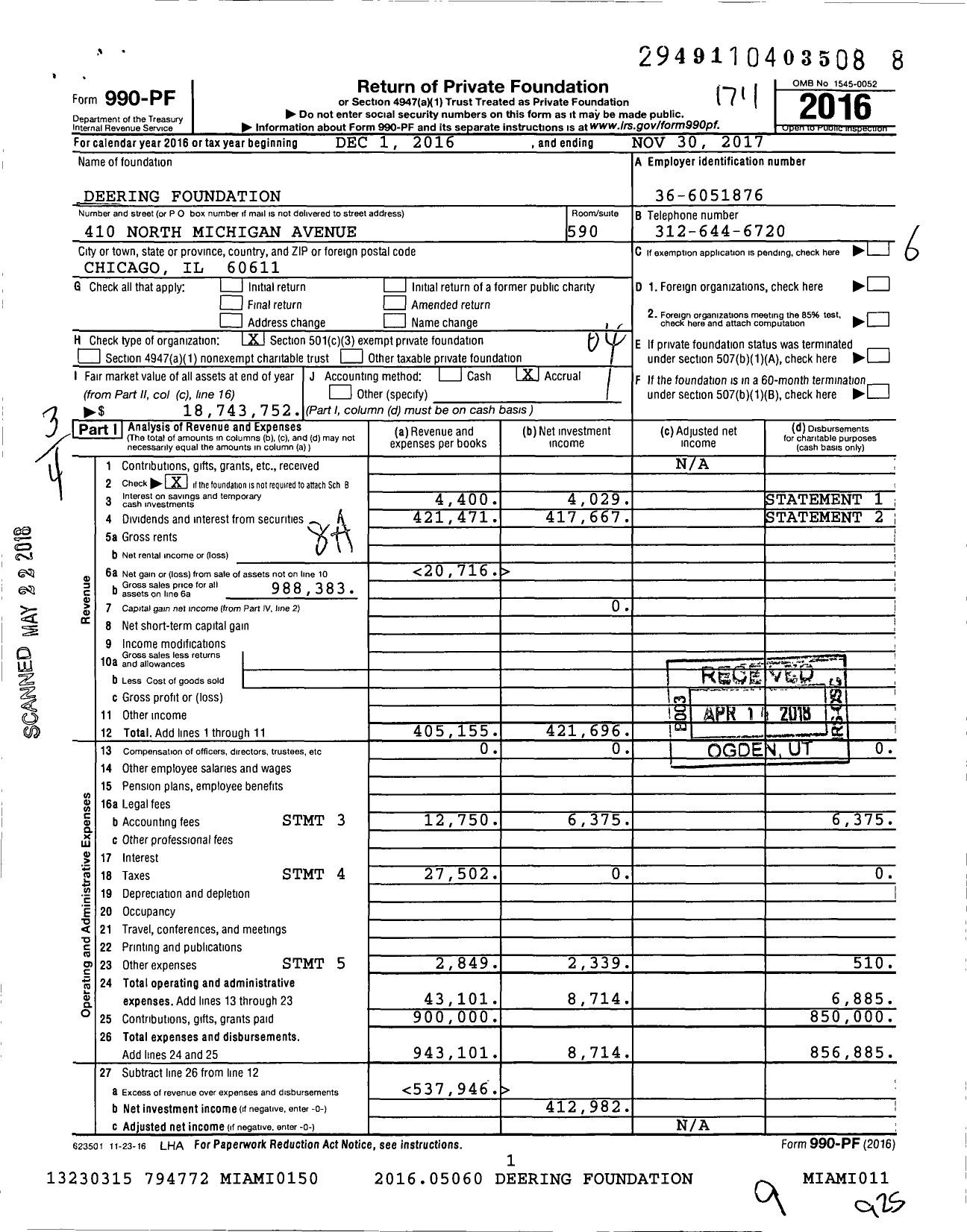 Image of first page of 2016 Form 990PF for Deering Foundation