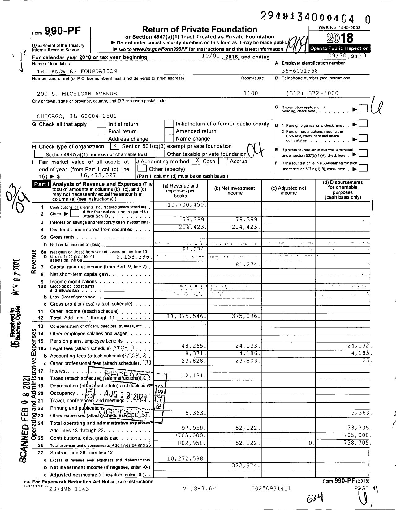 Image of first page of 2018 Form 990PF for The Knowles Foundation