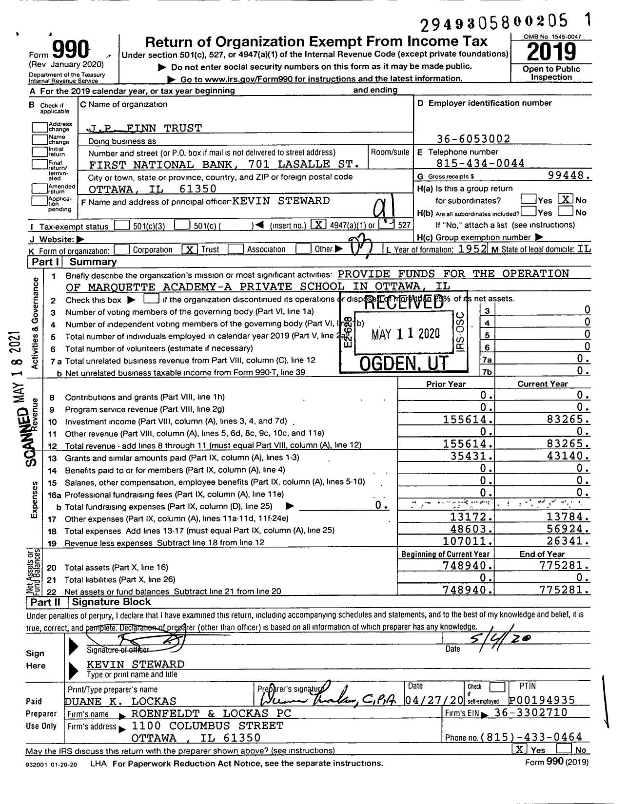 Image of first page of 2019 Form 990O for John P Finn Trust