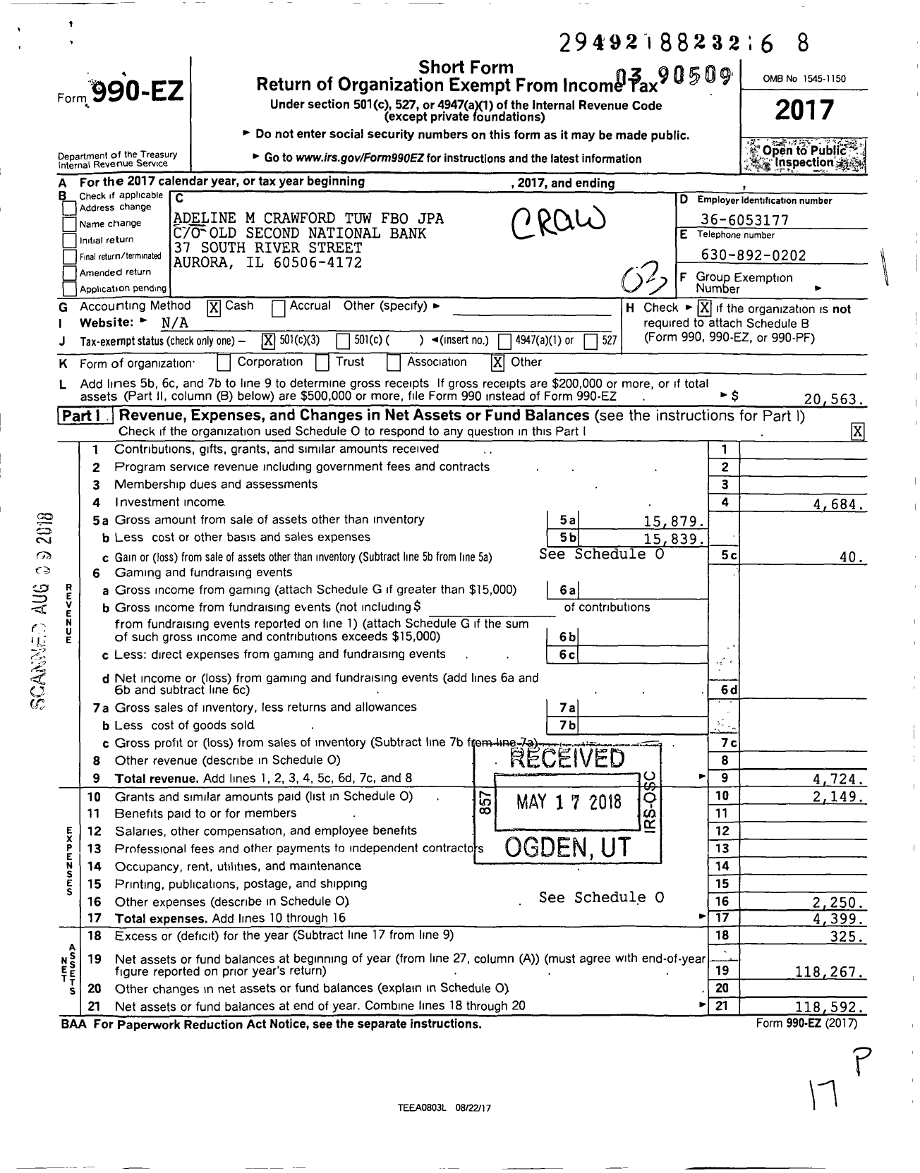 Image of first page of 2017 Form 990EZ for Adeline M Crawford