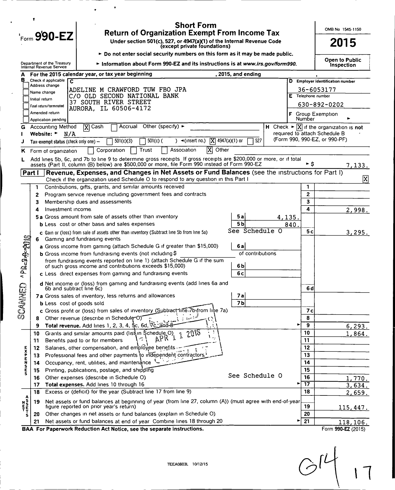 Image of first page of 2015 Form 990EO for Adeline M Crawford