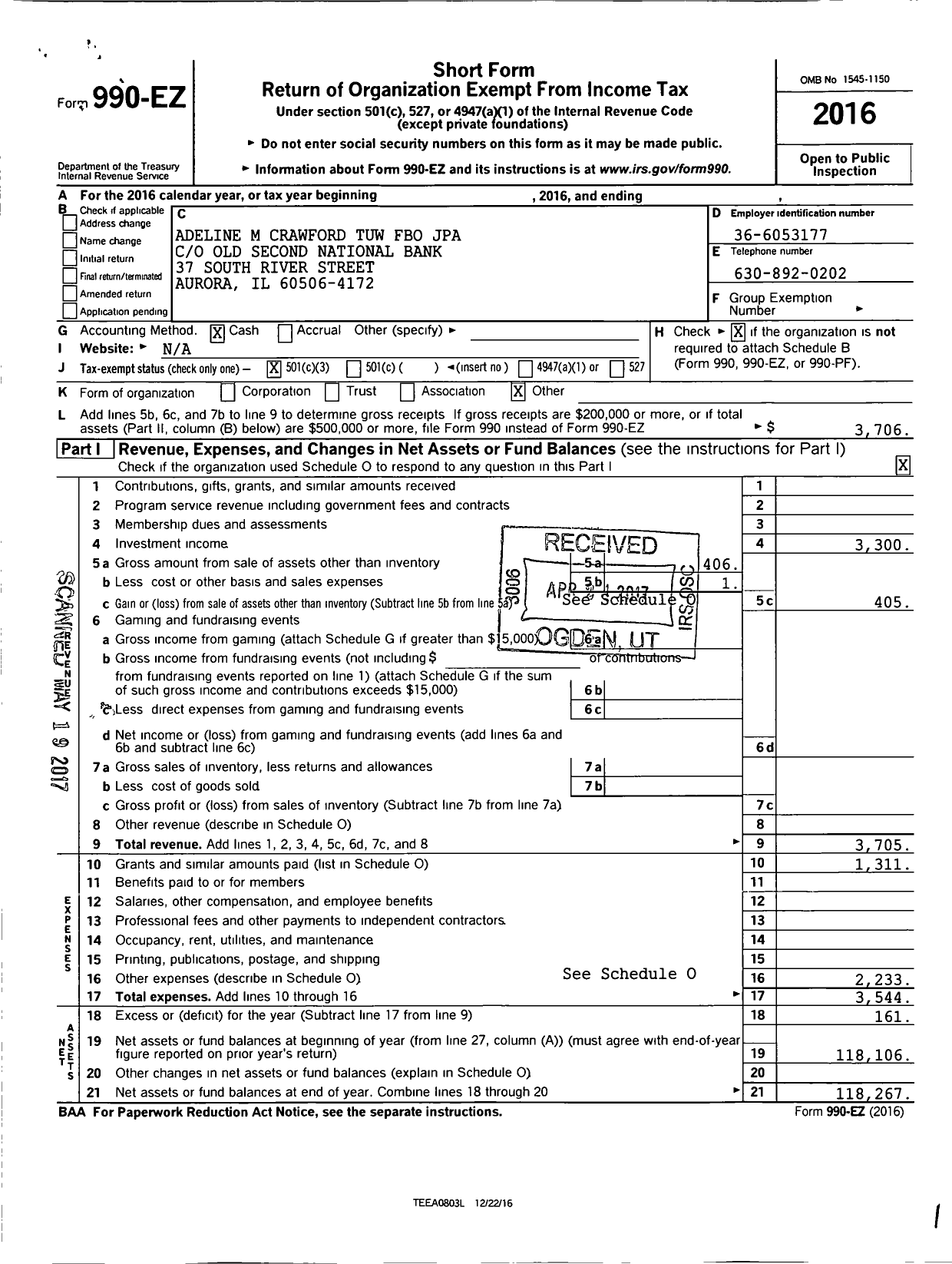 Image of first page of 2016 Form 990EZ for Adeline M Crawford