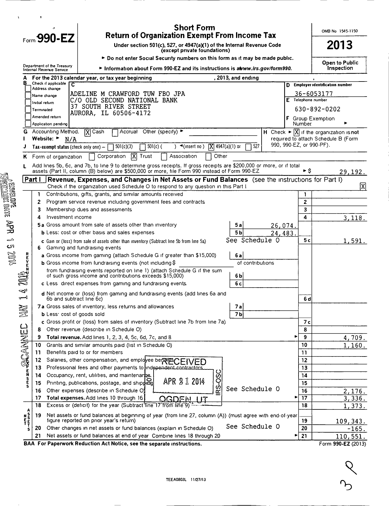 Image of first page of 2013 Form 990EO for Adeline M Crawford