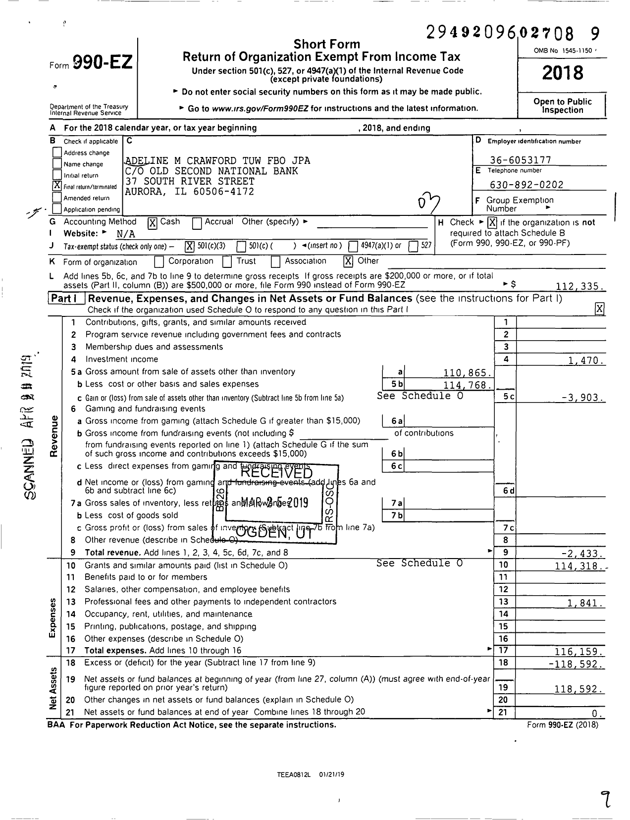 Image of first page of 2018 Form 990EZ for Adeline M Crawford