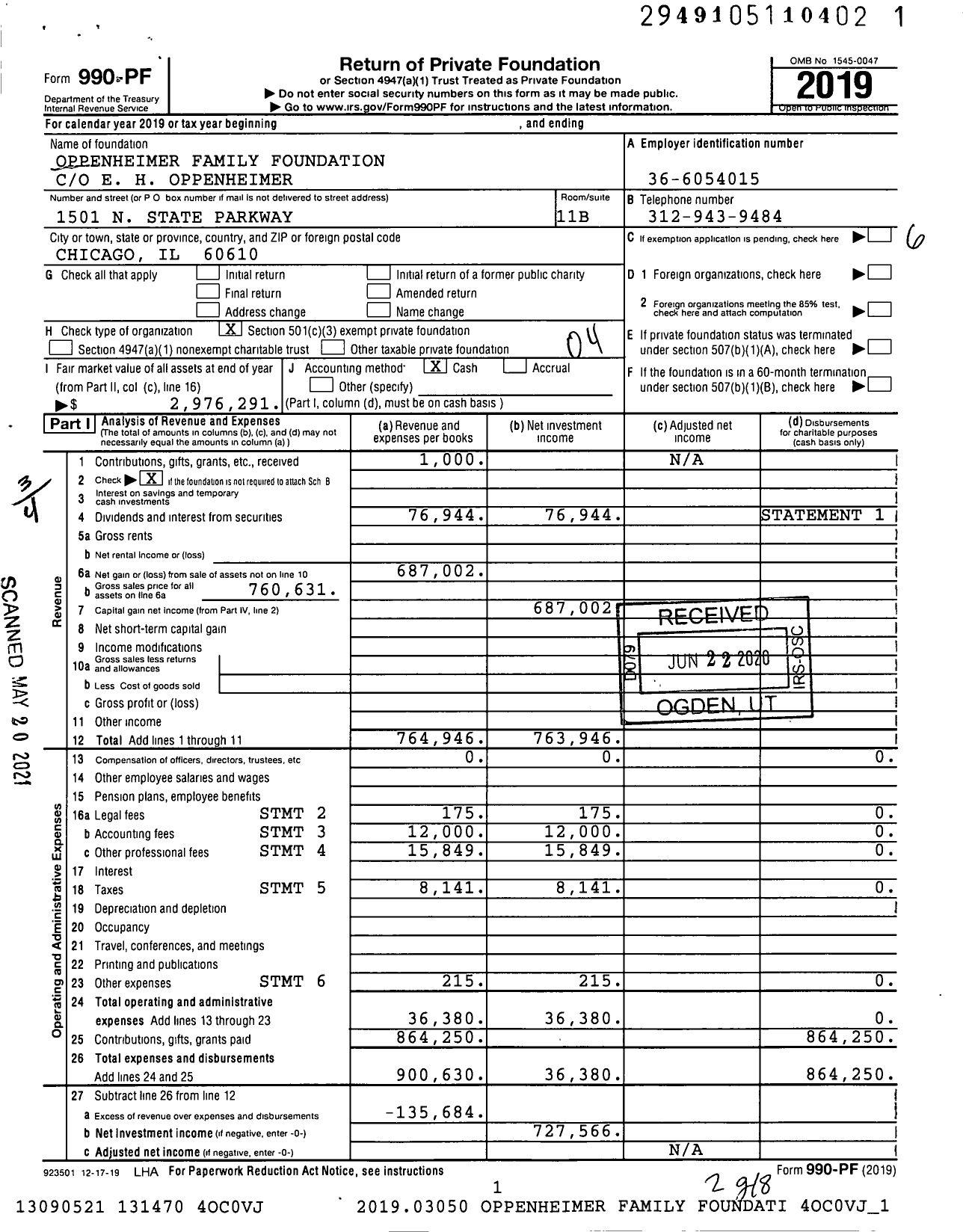 Image of first page of 2019 Form 990PF for Oppenheimer Family Foundation