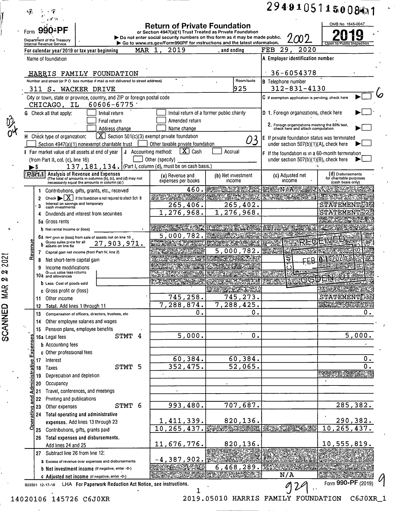 Image of first page of 2019 Form 990PF for Harris Family Foundation