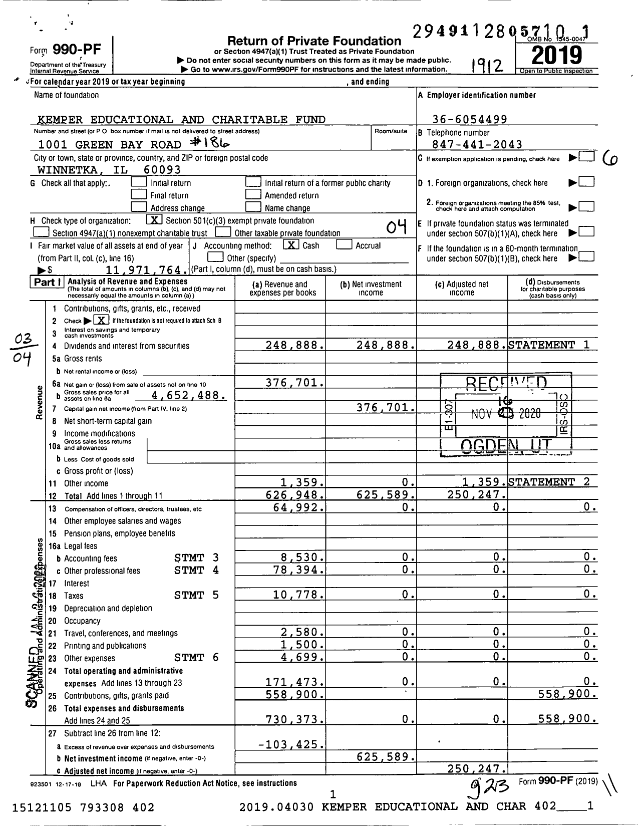 Image of first page of 2019 Form 990PF for Kemper Educational and Charitable Fund