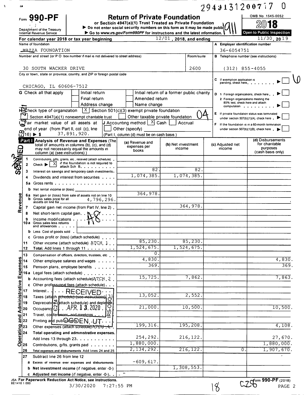 Image of first page of 2018 Form 990PF for Mazza Foundation