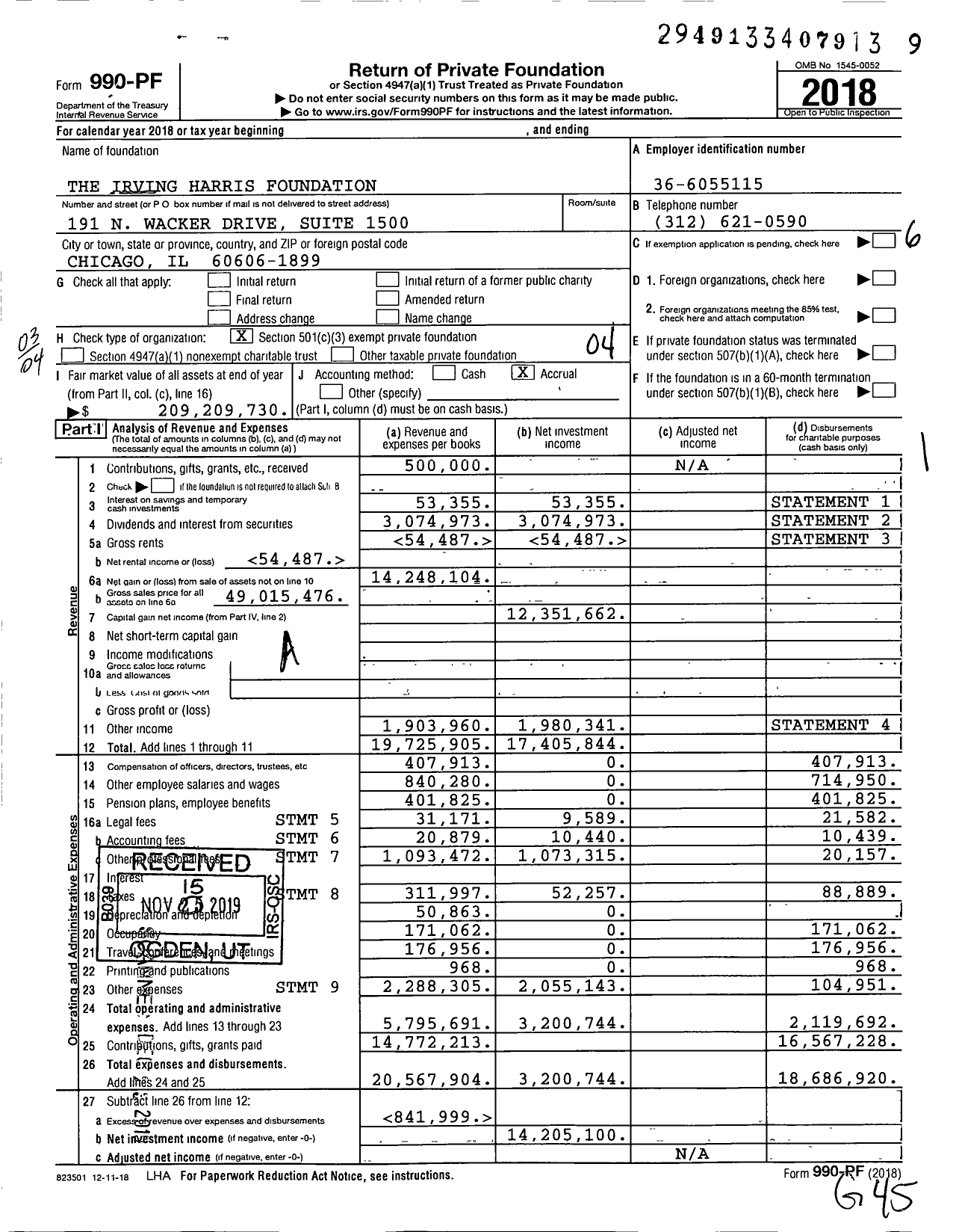 Image of first page of 2018 Form 990PF for Irving Harris Foundation