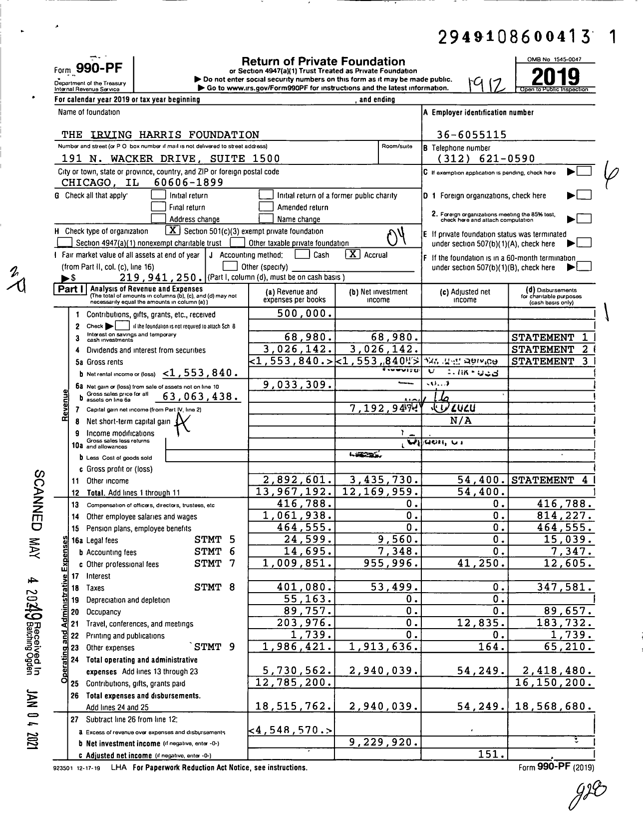 Image of first page of 2019 Form 990PF for Irving Harris Foundation