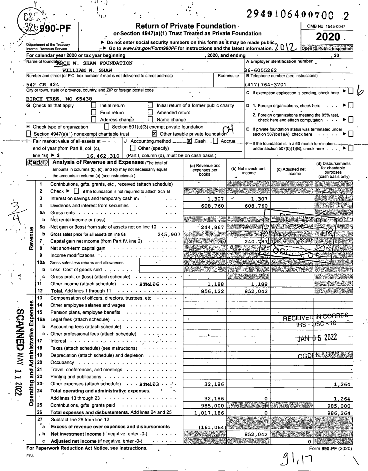 Image of first page of 2020 Form 990PF for Arch W Shaw Foundation