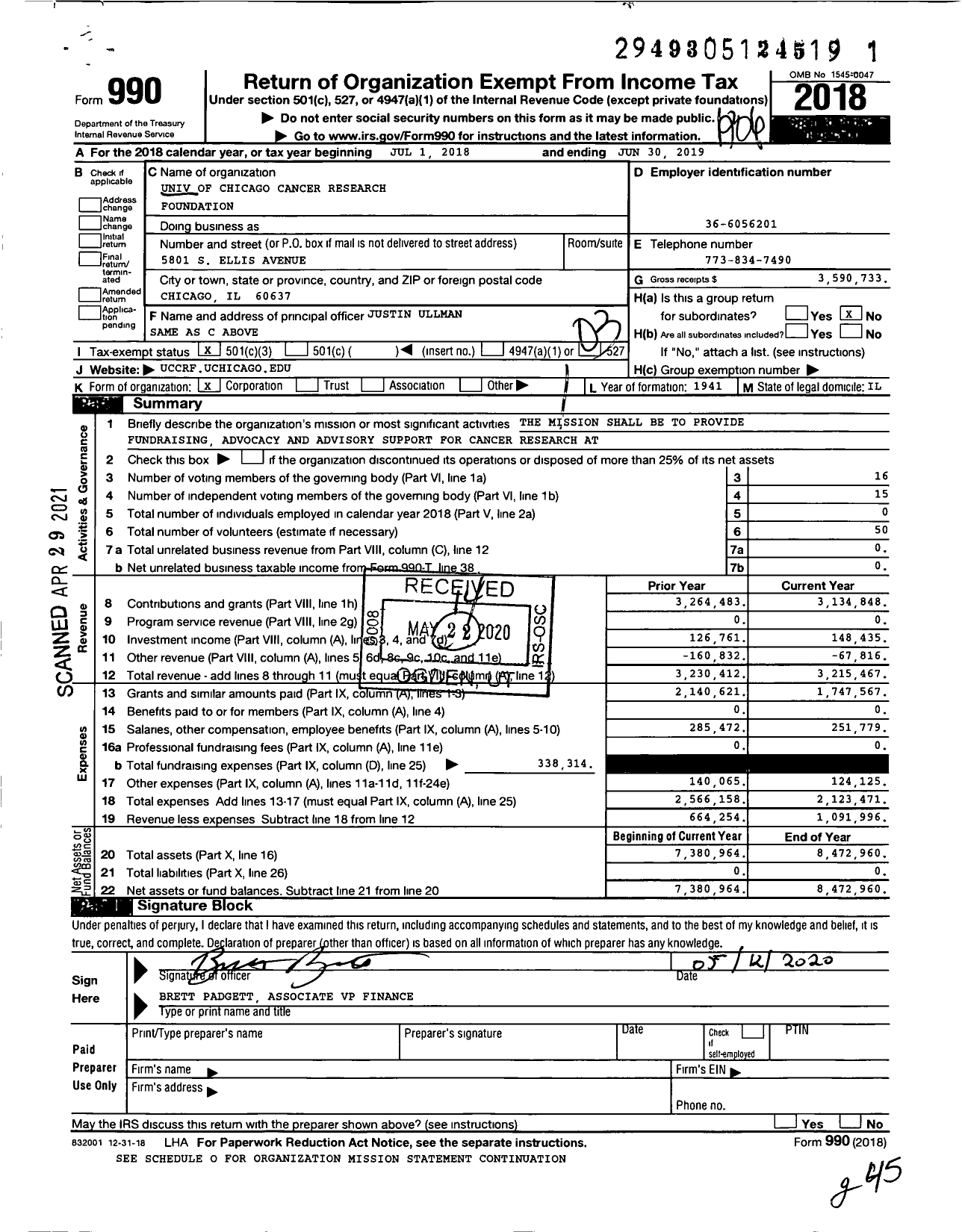 Image of first page of 2018 Form 990 for University of Chicago Cancer Research Foundation (UCCRF)