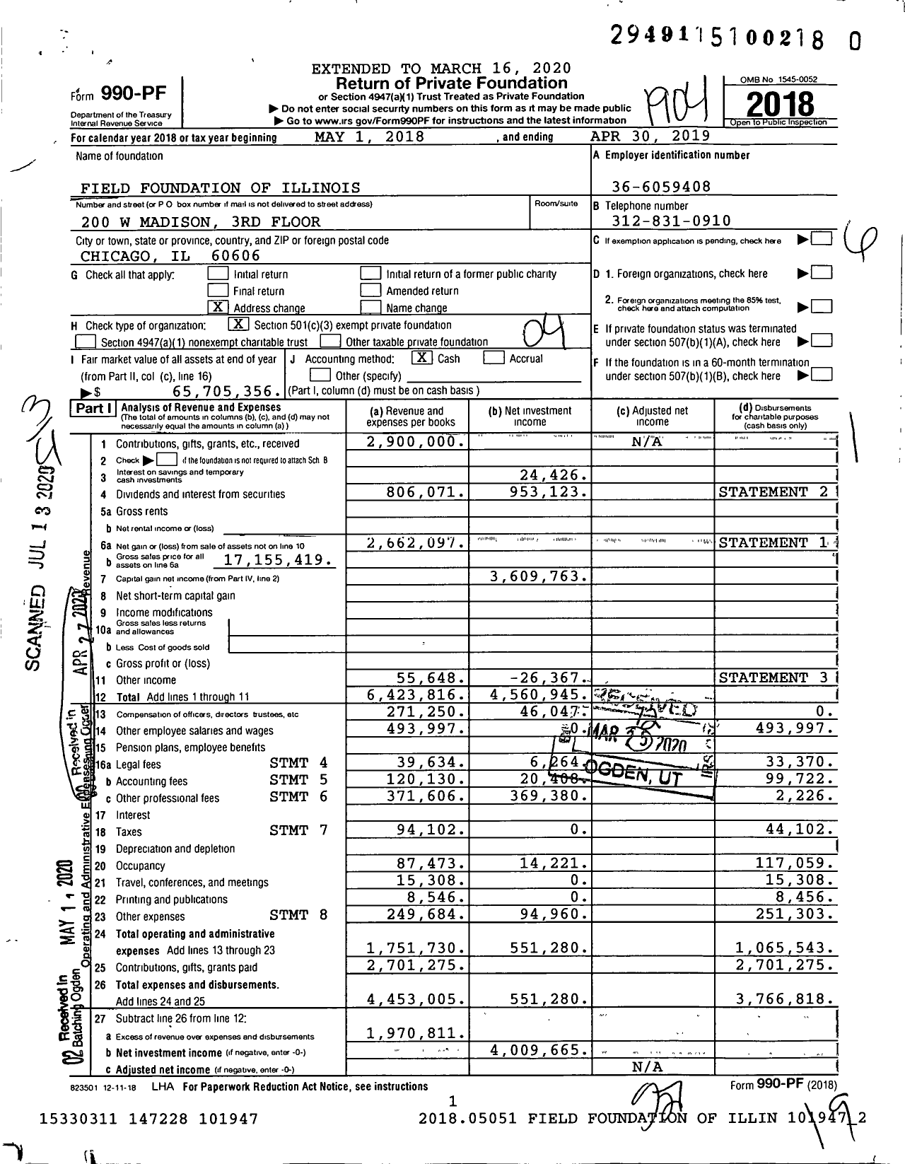 Image of first page of 2018 Form 990PR for Field Foundation of Illinois