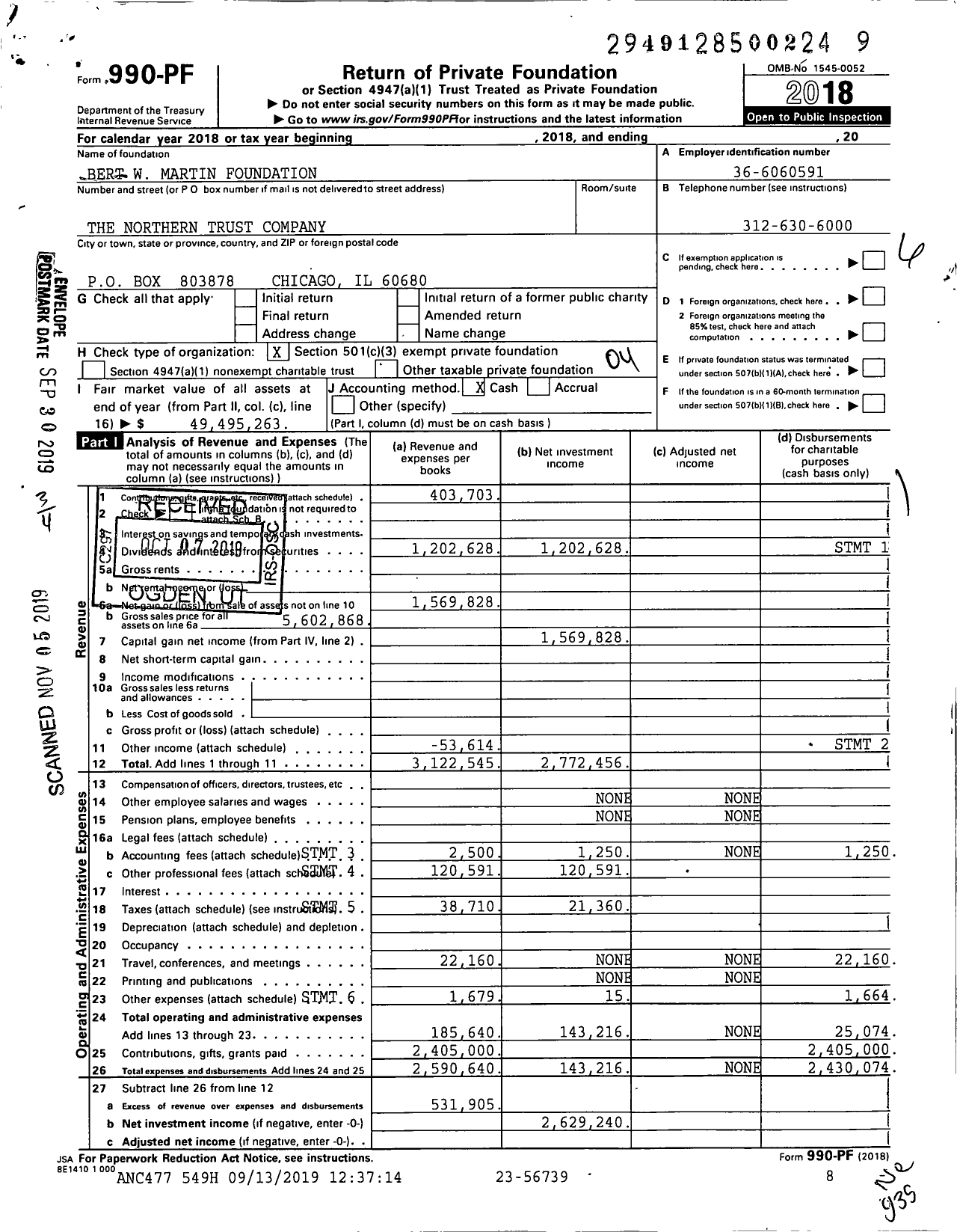 Image of first page of 2018 Form 990PF for Bert W Martin Foundation