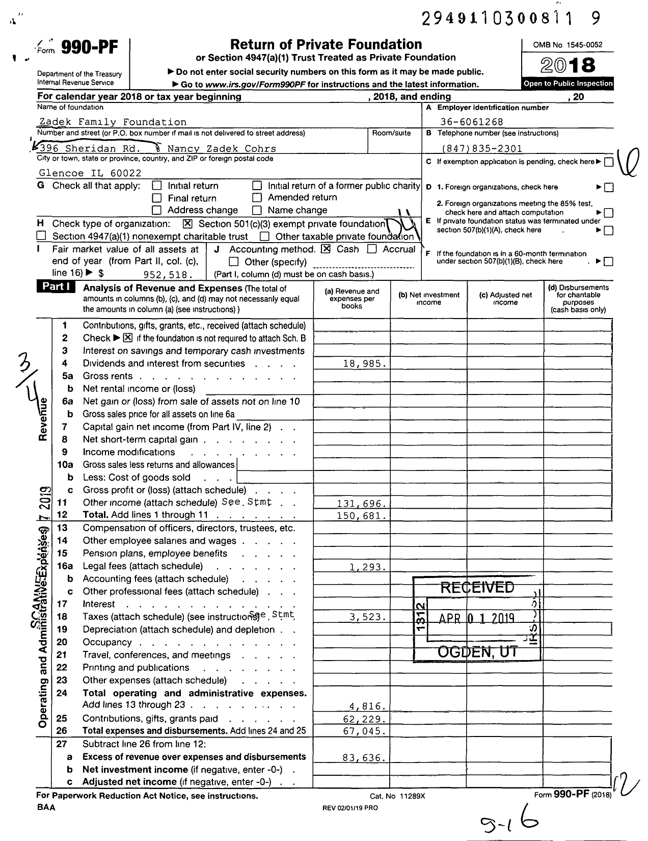 Image of first page of 2018 Form 990PF for Zadek Family Foundation