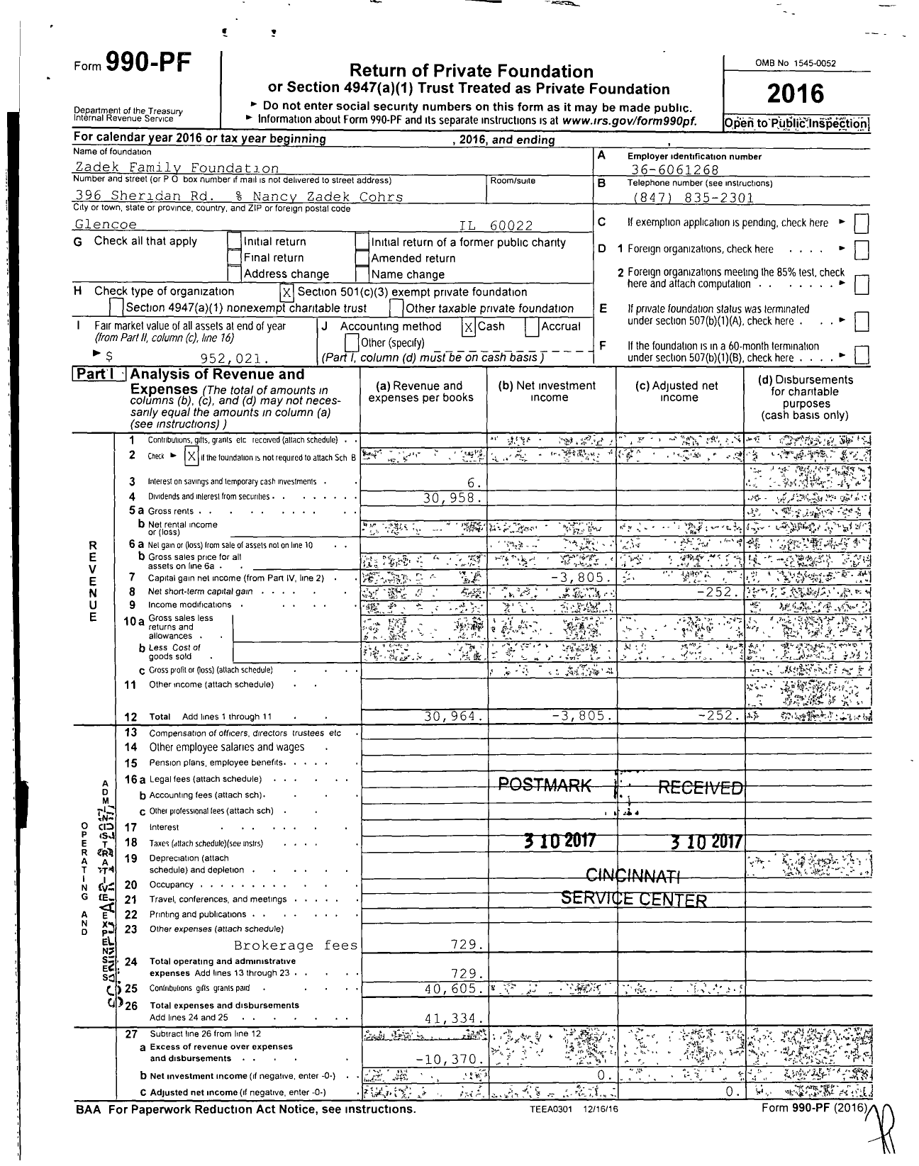 Image of first page of 2016 Form 990PF for Zadek Family Foundation